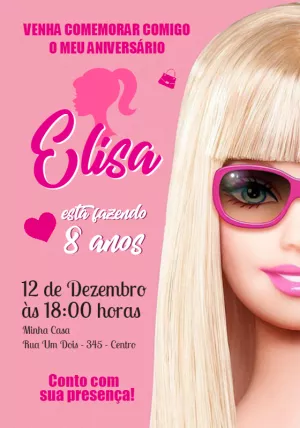 Convite de Aniversário Barbie Rosa para Editar Online e Imprimir