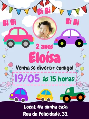 Convite de Aniversário Carrinhos com Foto para Editar Online