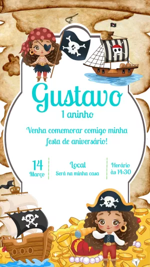 Convite de Aniversário Pirata com Personagens para Editar