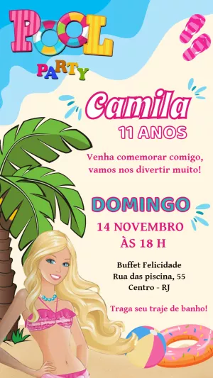 Convite Aniversário Barbie Pool Party para Editar Online