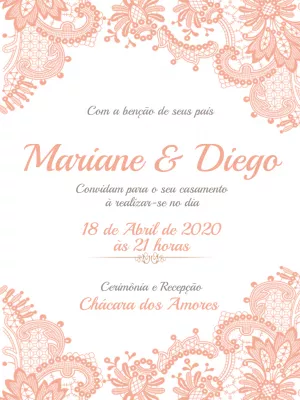 Convite de Casamento Renda Rosa Romântico para Editar Online