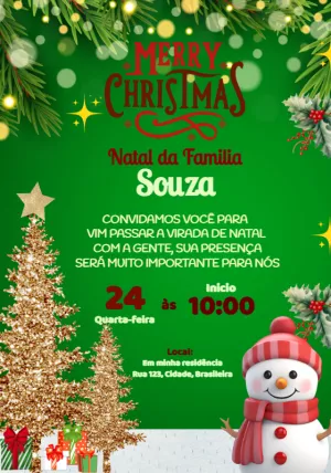 Convite de Natal com Árvore Dourada e Boneco de Neve para Editar