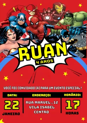 Convite de Aniversário Super-Heróis com Personagens para Editar