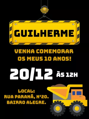 Convite Aniversário Construção com Trator para Editar Online