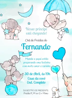 Convite Chá de Fraldas Elefantinho Azul para Editar Online