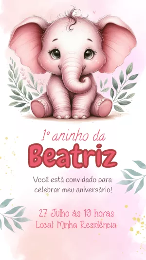 Convite de Aniversário Elefantinha Rosa para Editar Online