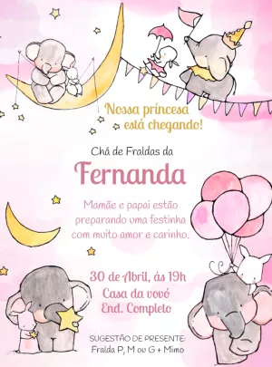 Convite Chá de Fraldas Elefantinha Rosa para Editar Online