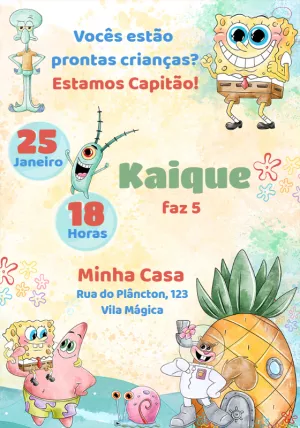 Convite Aniversário Bob Esponja Aquarela para Editar Online