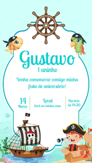 Convite de Aniversário Pirata Menino para Editar Online