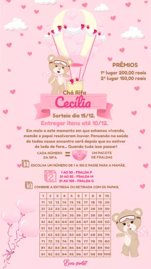 Convite Chá Rifa Ursinha Baloeira para Editar Online