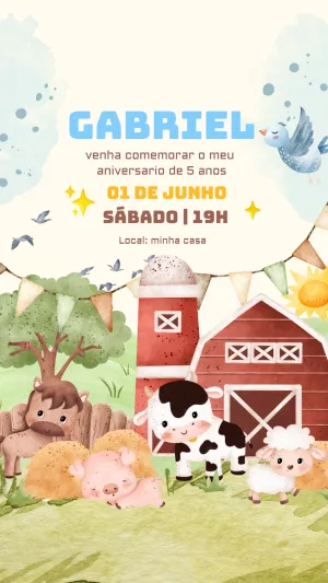 Convite Aniversário Fazendinha com Animais para Editar Online