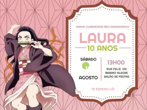 Convite de Aniversário Nezuko Demon Slayer Editável Online