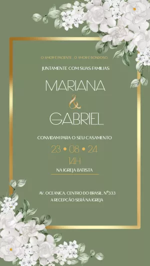 Convite de Casamento Floral Verde e Dourado para Editar Online