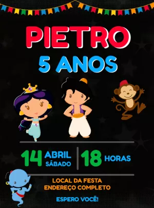 Convite de Aniversário Aladdin e Jasmine para Editar Online
