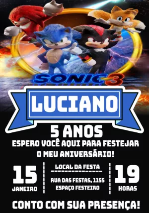 Convite de Aniversário Sonic 3 com Personagens para Editar