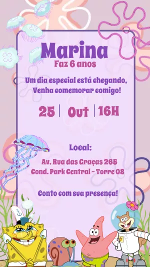 Convite de Aniversário Bob Esponja Rosa para Editar Online
