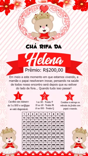 Convite Chá Rifa Ursinha Princesa para Editar Online