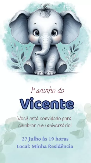 Convite Aniversário Elefantinho Fofo para Editar Online