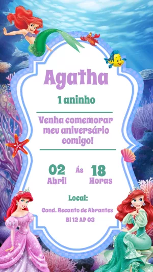 Convite Aniversário Pequena Sereia Ariel para Editar Online