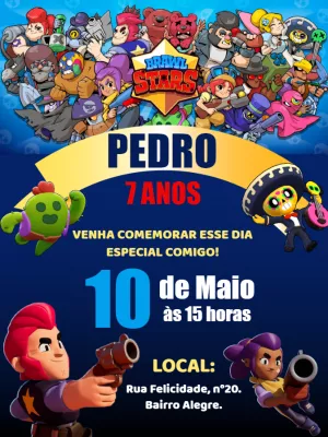 Convite de Aniversário Brawl Stars com Personagens para Editar