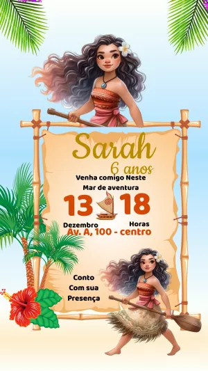 Convite de Aniversário Moana Aventura Tropical para Editar