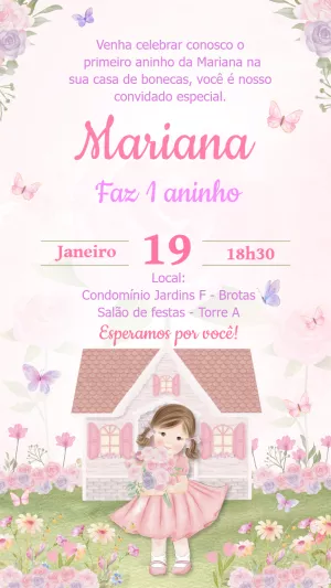 Convite de Aniversário Casa de Boneca para Editar Online
