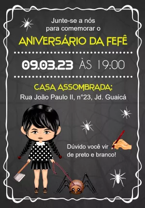 Convite de Aniversário Wandinha para Editar Online