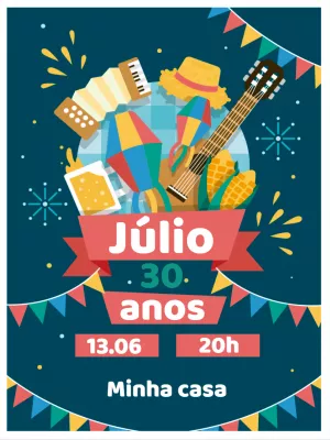 Convite Aniversário Festa Junina com Ícones Típicos Editável