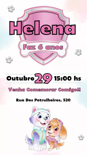Convite Aniversário Patrulha Canina Rosa para Editar Online
