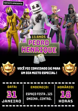 Convite de Aniversário Fortnite com Personagens para Editar