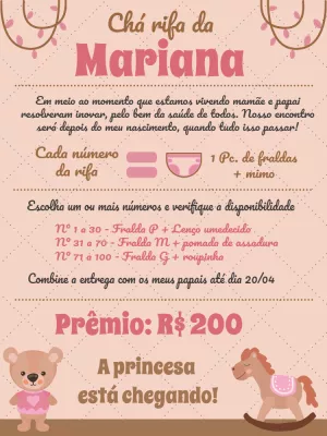 Convite Chá Rifa Ursinha Princesa para Editar Online