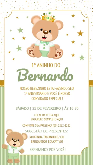 Convite Aniversário Ursinho Príncipe Verde e Dourado para Editar
