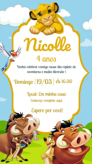 Convite de Aniversário Rei Leão com Simba para Editar Online