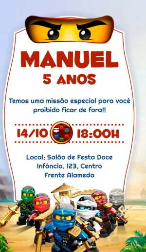 Convite Aniversário Lego Ninjago com Personagens para Editar
