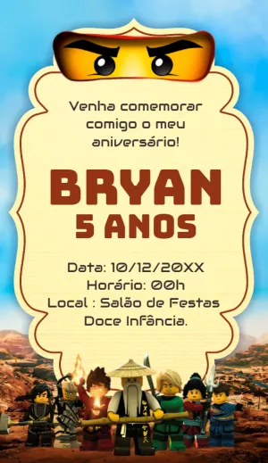 Convite Aniversário Ninjago com Personagens para Editar Online