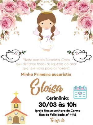 Convite Primeira Eucaristia Menina Anjo para Editar Online
