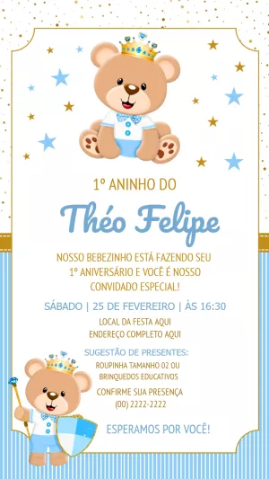 Convite Aniversário Ursinho Príncipe Azul para Editar Online
