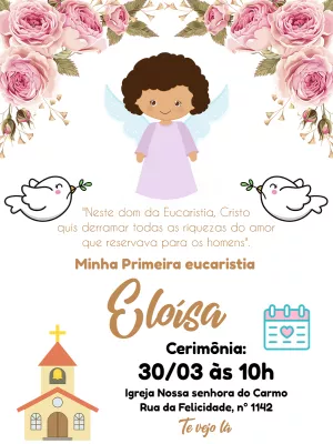 Convite Primeira Eucaristia Anjinha Floral para Editar Online