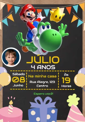 Convite Aniversário Super Mario com Foto para Editar Online