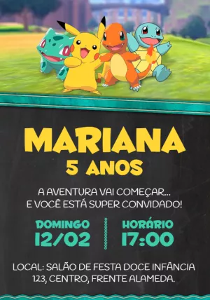 Convite de Aniversário Pokémon com Personagens para Editar Online