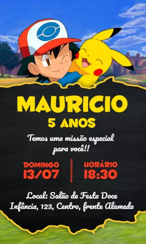 Convite Aniversário Pokémon com Ash e Pikachu para Editar Online