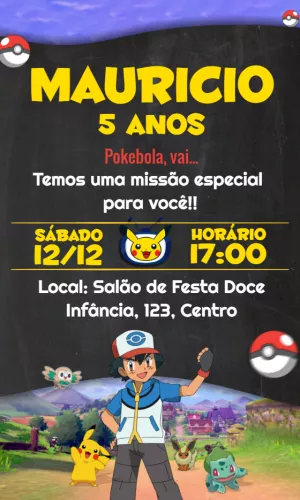 Convite de Aniversário Pokémon com Personagens para Editar