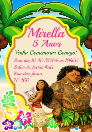 Convite de Aniversário Moana com Personagens para Editar Online
