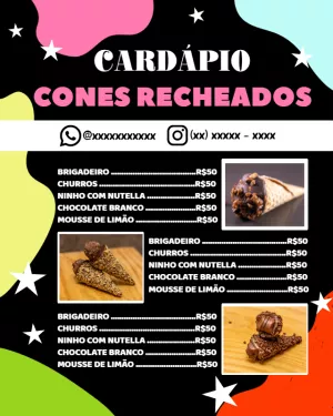 Cardápio de Cones Recheados Colorido para Editar Online