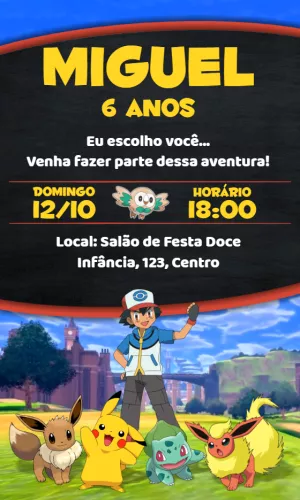 Convite de Aniversário Pokémon com Personagens para Editar Online