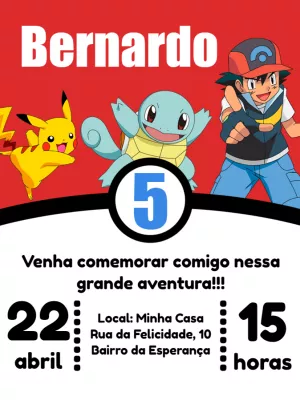 Convite Aniversário Pokémon com Personagens para Editar Online