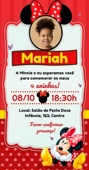 Convite Aniversário Minnie Mouse com Foto para Editar Online