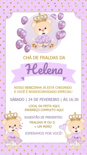 Convite Chá de Fraldas Ursinha Princesa para Editar Online