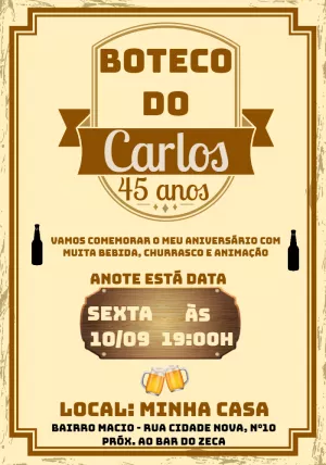 Convite de Aniversário Boteco Masculino para Editar Online