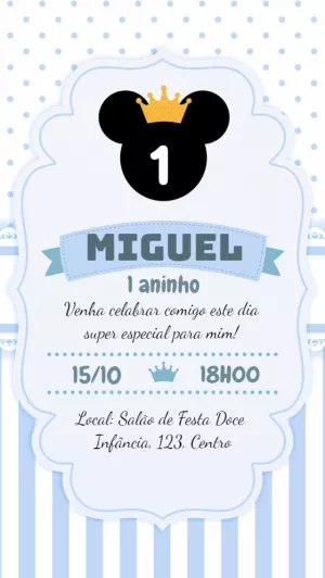 Convite Aniversário Mickey Realeza para Editar Online